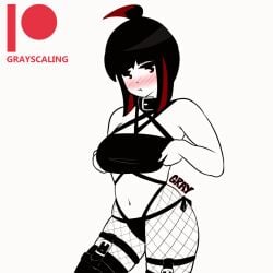 1girls aka_(gray_scaling) animated artist_name black_hair blush blush_lines blushing_at_viewer bra_lift breasts breasts_out choker collar embarrassed female female_focus female_only gif gray_scaling_(artist) gray_scaling_(copyright) leggings looking_at_viewer nipples patreon_logo red_hair red_highlights simple_background solo solo_female thigh_strap white_background