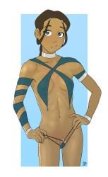 1girls avatar_the_last_airbender blue_eyes bracelets collar dark-skinned_female female female_only harem_girl harem_outfit human katara panties ribbon solo undrsydr water_tribe