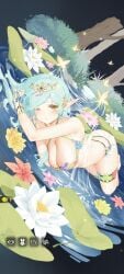 aqua_hair blue_hair blush butterfly cleavage elf elf_ears elf_female flower flower_bikini frilled_skirt frills green_eyes handwear headgear headwear highres how_to_raise_a_harem huge_breasts large_breasts laying_down laying_on_side leg_band leg_strap legs_together legwear lily_pad long_ears long_hair official_art one_eye_closed plant salmanda_(how_to_raise_a_harem) screenshot skirt teal_hair tree water water_on_body wet_body