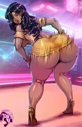 1girls 7th-heaven black_hair club dark-skinned_female dress huge_ass huge_breasts lights original solo twerking yellow_dress