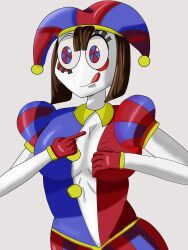 2023 2d 2d_(artwork) 2d_artwork blue_eyes brown_hair cleavage female glitch_productions gooseworx jester jester_costume jester_girl jester_outfit pomni pomni_(the_amazing_digital_circus) red_eyes red_gloves tagme the_amazing_digital_circus tongue tongue_out white_body white_skin
