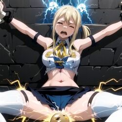 ai_generated blonde_hair bondage chains closed_eyes clothing crying crying_in_pain crying_with_eyes_open electric_torture fairy_tail lucy_heartfilia open_mouth ponytail ripped_clothing skirt torture