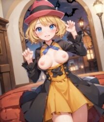 ai_generated bats blonde_hair blue_eyes blush breasts clothing hands_up hat open_mouth open_topwear pokemon pokemon_xy serena_(pokemon) short_hair skirt