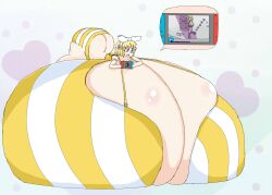 blonde_hair bra breasts_bigger_than_body breasts_bigger_than_head breasts_bigger_than_torso breasts_on_floor colossal_breasts female gaming gigantic_breasts hair huge_breasts hyper hyper_breasts immobile kagamine_rin lying_on_breasts lying_on_self nintendo_switch panties project_diva short_hair striped_panties tokidokisuiyobi too_big_to_move underwear vocaloid