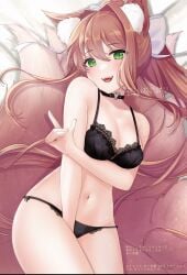 bed bra brown_hair choker doki_doki_literature_club fox_ears fox_girl green_eyes kitsune lingerie long_hair looking_at_viewer lying lying_on_back mitarou_sk monika_(doki_doki_literature_club) panties ribbon smile smiling smiling_at_viewer tagme underwear white_ribbon white_skin