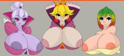 3girls big_breasts boob_window breasts_out clothed d-xross female female_only huge_breasts mario_(series) mario_and_luigi_(series) multiple_girls nintendo no_bra paper_mario paper_mario:_the_thousand-year_door paper_peach princess_peach princess_shroob queen_valentina shadow_peach shadow_queen super_mario_rpg