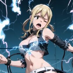 ai_generated blonde_hair brown_eyes clothing crying crying_in_pain crying_with_eyes_open electric_torture fairy_tail heroine_in_trouble lucy_heartfilia one_eye_closed open_mouth pain ponytail ripped_clothing