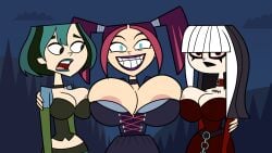 3girls areolae big_breasts boob_window breast_size_difference breasts cleavage clothed crimson_(tdi) female female_only goth goth_girl gothic gwen_(tdi) huge_breasts lipstick makeup nipples no_bra scary_girl_(tdi) scobionicle99 smile smiling surprise the_ridonculous_race total_drama_island total_drama_island_(2023) wide_smile