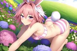 1boy ai_generated all_fours ass ass_focus astolfo_(fate) big_ass big_butt bunny_ears bunny_tail crop_top fate_(series) femboy flower from_above garden girly looking_at_viwer looking_back novelai panties pink_eyes pink_hair pov presenting_hindquarters rabbit_ears rabbit_tail rainbow rear_view smile smiling smiling_at_viewer striped_panties