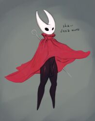 2023 2_horns animal_humanoid arthropod arthropod_humanoid balls biped black_eyes bottomless clothed clothing deez_nuts dress empty_eyes english_text featureless_feet flaccid flat_colors ftm_crossgender genitals grey_background hollow_knight horn hornet_(hollow_knight) humanoid male melee_weapon meme mouthless no_underwear penis raised_clothing raised_dress red_clothing red_dress rule_63 simple_background solo standing team_cherry text thejoyfuldragon weapon weapon_on_back white_horn