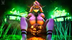 16:9 3d_(artwork) anthro asriel_dreemurr ass big_breasts boss_monster bovid breasts caprine digital_media_(artwork) female food foxibiki fruit fur goat halloween_2023 hi_res horn long_ears mammal plant pumpkin smile solo source_filmmaker undertale undertale_(series) white_body white_fur widescreen