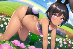 1boy ai_generated all_fours ass ass_focus big_ass big_butt black_hair bunny_ears bunny_tail crop_top femboy flower garden girly looking_at_viwer looking_back novelai panties pink_eyes presenting_hindquarters rabbit_ears rabbit_tail rainbow rear_view short_hair smile smiling smiling_at_viewer