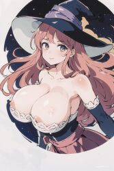 acl_noraai ai_generated areolae artist_name cleavage dragon's_crown erect_nipples huge_breasts large_breasts looking_at_viewer moon night nipple_slip oblivious outdoors portrait sorceress sorceress_(dragon's_crown) stars unaware wardrobe_malfunction watermark witch witch_hat