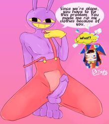 2023 2d 2d_(artwork) 2d_artwork anthro artist_request brown_hair bunny_ears clothes dialogue dialogue_box female glitch_productions gloves gooseworx jax_(the_amazing_digital_circus) jester jester_costume jester_hat jester_outfit male male_focus penis pomni pomni_(the_amazing_digital_circus) purple_body purple_penis short_hair tagme the_amazing_digital_circus white_body yellow_eyes yellow_mouth