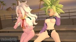 2girls 3d android_21 android_21_(good) dragon_ball dragon_ball_fighterz dragon_ball_super kefla legendary_super_saiyan looking_at_viewer majin_android_21 nobodyrly_(artist) phone pov sfm smoking super_saiyan super_saiyan_2