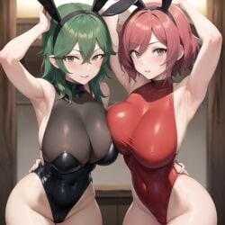 2girls ai_generated areolae armpits big_breasts bikini bunnysuit byleth_(fire_emblem) byleth_(fire_emblem)_(female) core_crystal erect_nipples fire_emblem fire_emblem:_three_houses glasses green_hair human latex looking_at_viewer milf nemus_waifu_generator pyra red_hair short_hair stable_diffusion straight_hair xenoblade_(series) xenoblade_chronicles_2