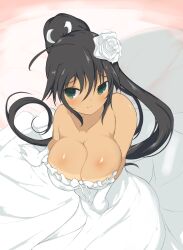 1girls ashino bangs black_hair cleavage dress female flower flower_in_hair frills gloves green_eyes hair_ornament homura_(senran_kagura) large_breasts ponytail ribbon rose_(flower) senran_kagura sidelocks solo tan_skin tanline very_long_hair