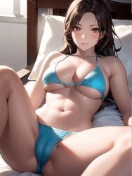 1girls ai_generated ai_mirror bed bed_sheet belly_button blue_bra blue_panties blue_underwear blush brown_eyes brown_hair long_hair looking_at_viewer lying_on_bed medium_breasts seductive spread_legs vagina_visible_through_clothing white_skin window