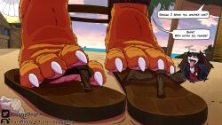 4_toes absurd_res anthro bound claws clothing dialogue dirty_feet doggydog doggydog_(character) duo feet flip_flops foot_fetish foot_focus foot_play footprint_on_sandals footwear hi_res insole low-angle_view male male/male micro pawpads paws sandals size_difference soles speech_bubble toe_claws toes under_the_table