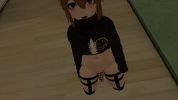 belly_button black_lipstick brown_hair caged_cock cat_ears cat_tail catboy femboy femboyiguess flaccid goth gray_eyes kneeling looking_at_viewer nirvana_(band) self_upload soft_penis straps thighhighs tummy vrchat vrchat_avatar