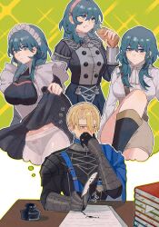 1boy 3girls alternate_costume black_panties book bread buttons byleth_(fire_emblem) byleth_(fire_emblem)_(female) clothes_lift dimitri_alexandre_blaiddyd double-breasted eating female fire_emblem fire_emblem:_three_houses food frelyaskn garreg_mach_monastery_uniform green_hair highres imagining ink_bottle lifted_by_self maid maid_headdress maid_uniform male multiple_girls multiple_persona nintendo panties pantyhose pervert shoulder_belt skirt skirt_lift underwear upskirt white_pantyhose writing