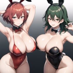 2girls ai_generated areolae armpits big_breasts bikini bunnysuit byleth_(fire_emblem) byleth_(fire_emblem)_(female) erect_nipples fire_emblem fire_emblem:_three_houses glasses green_hair human latex looking_at_viewer milf nemus_waifu_generator pyra red_hair short_hair stable_diffusion straight_hair xenoblade_(series) xenoblade_chronicles_2