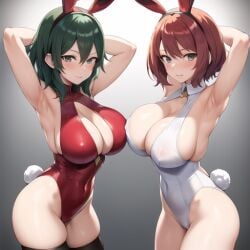 2girls ai_generated areolae armpits big_breasts bikini bunnysuit byleth_(fire_emblem) byleth_(fire_emblem)_(female) erect_nipples fire_emblem fire_emblem:_three_houses glasses green_hair human latex looking_at_viewer milf nemus_waifu_generator pyra red_hair short_hair stable_diffusion straight_hair xenoblade_(series) xenoblade_chronicles_2