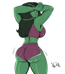 1girls ass back_view big_ass booty_shorts female female_only fully_clothed green-skinned_female green_hair green_skin hulk_(series) indralvspaizuri looking_back marvel marvel_comics motion_lines rear_view shaking_ass shaking_butt she-hulk shorts solo sportswear thick_thighs white_background