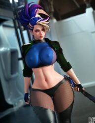 1girls 3d akali akali_jhomen_tethi asian asian_female breasts colorful_hair curvy curvy_female curvy_figure female female_focus hourglass_figure indoors k/da_all_out_akali k/da_all_out_series league_of_legends light-skinned_female looking_at_viewer nipple_bulge purple_hair riot_games rolled_up_sleeves rude_frog solo solo_female voluptuous_female wide_hips