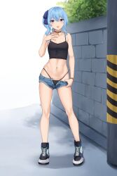 :p black_choker black_panties black_tank_top blue_eyes blue_hair blush breasts brick_wall bush choker clothes_pull collarbone crop_top denim denim_shorts female full_body hair_ribbon hand_on_own_chest highres hololive hololive_gen_0 hololive_japan hoshimachi_suisei navel open_fly panties pulled_by_self ribbon shoes short_shorts shorts shorts_pull side_ponytail small_breasts sneakers solo star_(symbol) star_choker star_in_eye stomach symbol_in_eye tank_top terry_(pixiv3274443) thighs tongue tongue_out underwear virtual_youtuber watch wristwatch