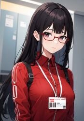 ai_generated brown_hair female female_only glasses id_card red_eyes snowbreak:_containment_zone tagme track_jacket yao_(snowbreak:_containment_zone)