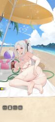 areolae areolae_visible_through_clothing aroused ass ava_(how_to_raise_a_harem) bangs beach beach_background beach_ball beach_umbrella bikini black_nails blush cameltoe dat_ass drooling feet floaty hand_on_ass heart-shaped_pupils highres hose how_to_raise_a_harem huge_ass huge_breasts large_breasts laying_down laying_on_side long_hair looking_at_viewer nail_polish nipples_visible_through_clothing ocean official_art palm_tree ponytail pussy_visible_through_clothes red_eyes sand screenshot silver_hair skindentation starfish suggestive suggestive_look sunny sunscreen swimsuit volleyball_net water water_hose wet wet_body wet_skin wet_swimsuit white_bikini white_hair white_swimsuit