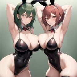 2girls ai_generated areolae armpits big_breasts bikini bunnysuit byleth_(fire_emblem) byleth_(fire_emblem)_(female) erect_nipples fire_emblem fire_emblem:_three_houses glasses green_hair human latex looking_at_viewer milf nemus_waifu_generator pyra red_hair short_hair stable_diffusion straight_hair xenoblade_(series) xenoblade_chronicles_2