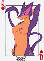 anthro breasts darkito420 felid feline female fur generation_5_pokemon green_eyes liepard long_tail mammal multicolored_body multicolored_fur navel nintendo nipples orange_body orange_fur pokemon pokemon_(species) purple_body purple_fur smile solo tail whiskers