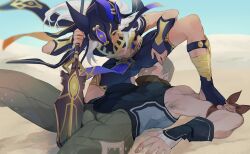 2boys animal_hat ass ass_on_face black_shorts blush bulge crop_top cyno_(genshin_impact) dark-skinned_male dark_skin desert dominant_male egyptian egyptian_clothes erection_under_clothes eye_of_horus facesitting genshin_impact gold_trim held_down hi_res jackal_ears kote light-skinned_male light_skin loincloth long_hair male_only maledom midriff muscular_male outside pinned_down polearm sand short_shorts short_sleeves shrug_(clothing) sitting_on_face sitting_on_person small_dom_big_sub spats spear spread_legs stirrup_legwear sweat toeless_footwear white_hair yaoi yureith