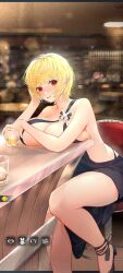 alcohol alcoholic_drink bar_counter bar_stool black_dress blonde_hair blurred_background blurry_background blush cleavage dinner_date dress exposed_shoulders highres how_to_raise_a_harem huge_breasts large_breasts legs lily_(how_to_raise_a_harem) no_bra official_art screenshot seductive seductive_look short_hair smile smiling_at_viewer thighs