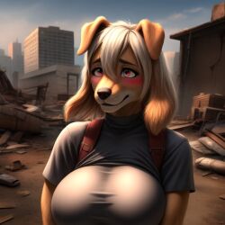 ai_generated anthro apocalypse background backpack bag blonde_hair blush breasts close-up female female_focus female_only furry furry_only golden_retriever grey_shirt pink_eyes ruined_city solo survivor tagme yellow_fur yellow_hair zombie_apocalypse