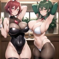 2girls ai_generated areolae armpits big_breasts bikini bunnysuit byleth_(fire_emblem) byleth_(fire_emblem)_(female) erect_nipples fire_emblem fire_emblem:_three_houses glasses green_hair human latex looking_at_viewer milf nemus_waifu_generator pyra red_hair short_hair stable_diffusion straight_hair xenoblade_(series) xenoblade_chronicles_2