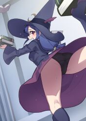 artist_request ass black_panties blue_hair blush book dress female glasses hat hat_feather heebee holding holding_book little_witch_academia long_hair looking_at_viewer looking_back low-tied_long_hair lowres open_mouth panties purple_dress purple_headwear red_eyes solo underwear upskirt ursula_callistis witch_hat