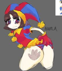 2023 2d 2d_(artwork) 2d_artwork artist_request ass_slap brown_hair female glitch_productions gloves gooseworx jester jester_costume jester_hat jester_outfit looking_at_ass panties pomni pomni_(the_amazing_digital_circus) short_hair slap_mark tagme the_amazing_digital_circus white_body