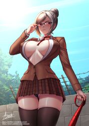 adjusting_glasses adsouto big_breasts black_panties cameltoe cleavage female female_only femdom fully_clothed glasses leash leashed_pov pov prison_school revealing_clothes shiraki_meiko short_skirt stockings upskirt visible_underwear