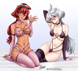 adsouto cheerful chocker cleavage couple couple_(romantic) dark-skinned_female embarrassed female female_only gundam gundam_suisei_no_majo lesbian_couple lingerie lingerie_only miorine_rembran reclining red_hair revealing_clothes skimpy_underwear stockings suletta_mercury witch