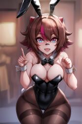 1girls ai_generated bowtie brown_hair bunnysuit cameltoe fake_animal_ears ghostlydiffusion leotard multicolored_eyes multicolored_hair owozu playboy_bunny purple_hair raccoon_girl rakkun smile stockings violet_hair virtual_youtuber vtuber wrist_cuffs