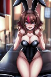 1girls ai_generated blue_eyes brown_hair bunnysuit cleavage female_only ghostlydiffusion latex leotard multicolored_hair owozu pink_eyes playboy_bunny raccoon_girl rakkun short_hair sitting virtual_youtuber vtuber