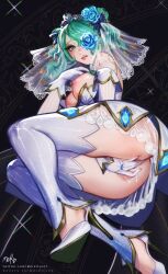 1girls artist_name ass bare_shoulders biting_lip black_background blue_flower breasts crystal_rose_gwen_prestige_edition crystal_rose_series double_bun dress female flower flower_over_eye from_behind gloves green_eyes green_hair gwen_(league_of_legends) hair_bun hair_flower hair_ornament high_heels highres large_breasts league_of_legends league_of_legends:_wild_rift lingerie long_sleeves lying merellyne nipples no_panties on_side prestige_skin pussy_juice short_hair striped_sleeves teeth thighhighs twitter_username underwear veil web_address wedding_dress wedding_veil white_dress white_gloves white_thighhighs