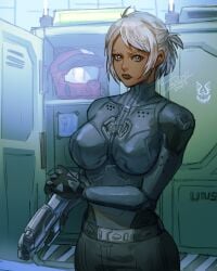 1girls 2d 2d_(artwork) breasts dark-skinned_female halo_(series) helmet hips holding_weapon large_breasts looking_at_viewer neves_(texd41) original_character texd41 white_hair