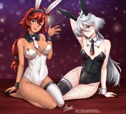 adsouto armpits bunny_costume bunny_ears bunny_girl bunnysuit cheerful couple couple_(romantic) embarrassed female female_only fishnets fully_clothed garter gundam gundam_suisei_no_majo lesbian_couple miorine_rembran reclining revealing_clothes shiny_clothes suletta_mercury