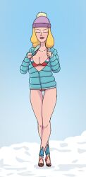 1girls 2d adult_swim background beth_smith bikini blonde_hair breasts cleavage closed_eyes diklonius down_jacket female female_only hi_res high_heels jacket mature_female milf rick_and_morty winter_hat