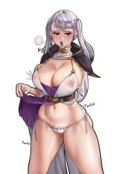 absurd_res big_breasts black7 black_bulls_uniform black_clover blush breasts cameltoe clothes_lift curvy embarrassed female female_focus female_only g-string hi_res horny hourglass_figure huge_breasts in_heat large_breasts looking_away nipples no_bra noelle_silva open_mouth panties purple_eyes pussy_juice pussy_juice_drip see-through silver_hair skirt_lift solo solo_female solo_focus sweat textless thick_thighs thighs thong twintails voluptuous white_background white_panties wide_hips