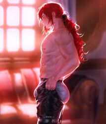 bulge_through_clothing diluc_(genshin_impact) dressing_up genshin_impact huge_bulge male_only partially_clothed